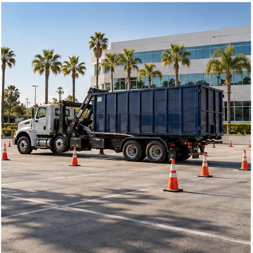 Contractor checking construction dumpster placement