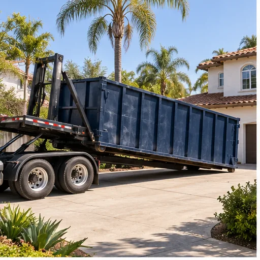 Large navy roll-off dumpster delivered to a Los Angeles driveway